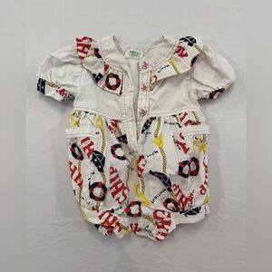 Vintage Nautical Baby Romper with Red and Yellow Accents